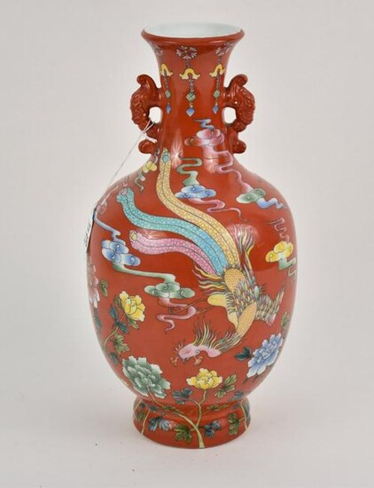 Chinese Red Ground Famille Rose Porcelain Vase