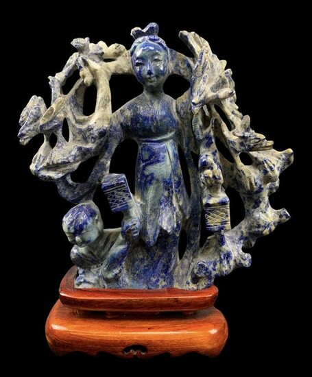 Chinese Sodalite Carved Guan Yin On Stand
