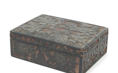 Chinese cinnabar lacquer box and cover carved with birds amo...