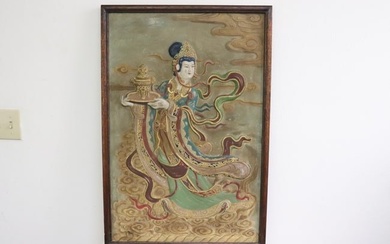 Chinese painted and carved relief wood wall panel