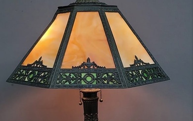Circa 1920 Carmel Slag Glass Table Lamp found in Wabasha MN estate. Has 16 slag glass panels - hgt