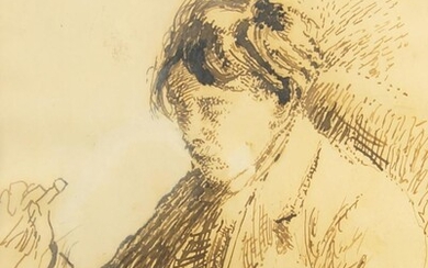 Circle of Walter Richard Sickert ARA, British 1862-1940- Study of a lady seated half-length turned to the left holding a pencil; pen and brown ink on paper, 32 x 24 cm. Provenance: the Estate of the late designer Anthony Powell (1935 – 2021)