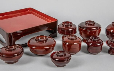 Collectible Japanese Showa Lacquer Tray & Tea Cups