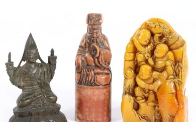Collection of 3 Chinese figurines: Shoushan stone group of Buddhas, carved hard stone wise man
