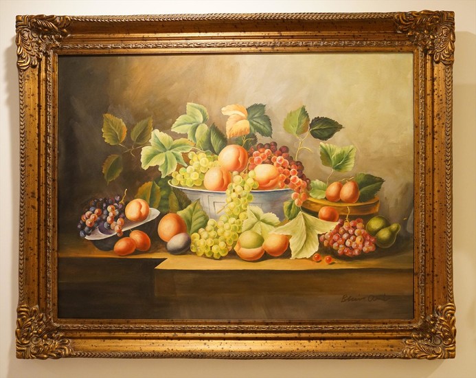 Continental School, Oil on Canvas, Still Life with Grapes and Peaches PK1A