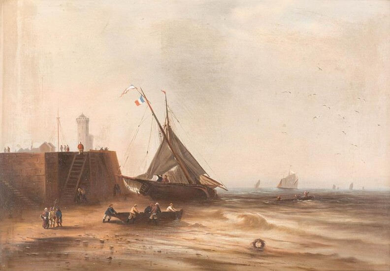 DUTCH 2nd h. 19th C. Pair of paintings. Boats taking