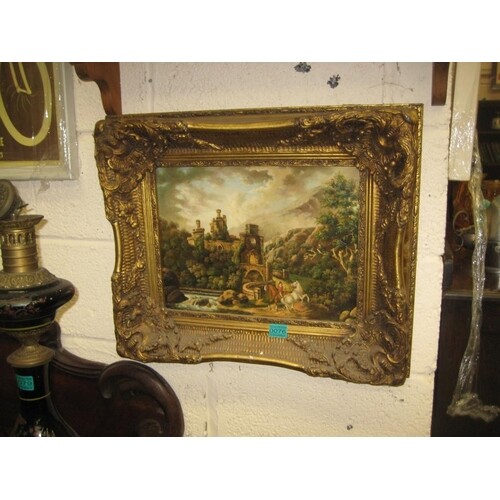 Decorative Gilt Framed Picture of Horses in a Castle Entranc...