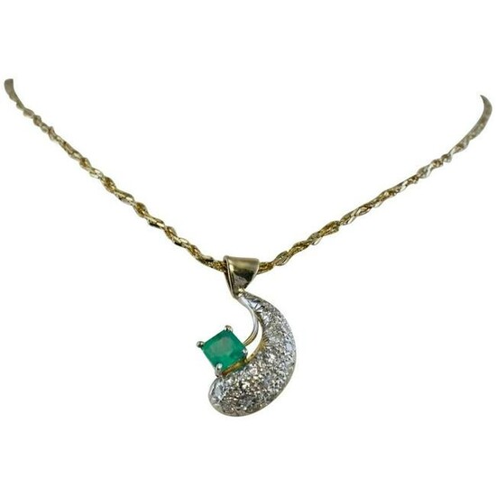 Diamond Emerald Crescent Pendant Necklace 18K Gold