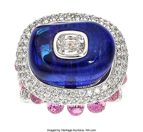 Diamond, Tanzanite, Pink Sapphire, White Gold Ring The ring...