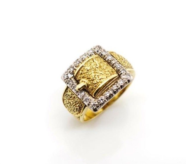 Diamond and 18ct yellow gold buckle ring marked to interior....