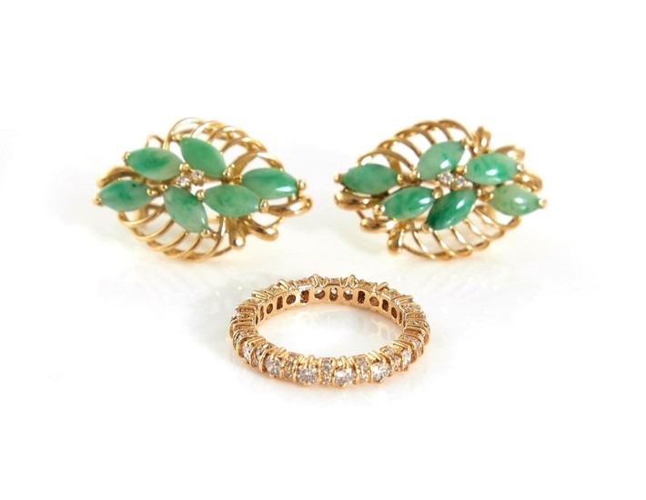 Diamond eternity band, and pair jade and diamond earrings (3pcs)
