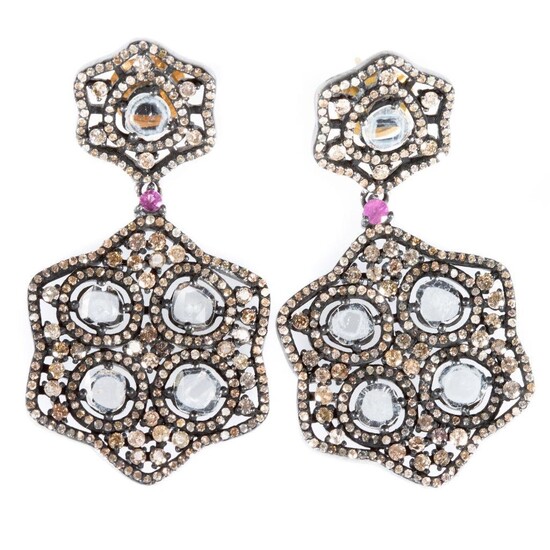 Diamond, ruby, blackened silver, 14k gold earrings