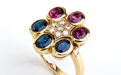 Diamond ruby sapphire gol floral ring