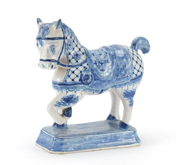 Dutch delft hand painted model of a horse, inscribed to