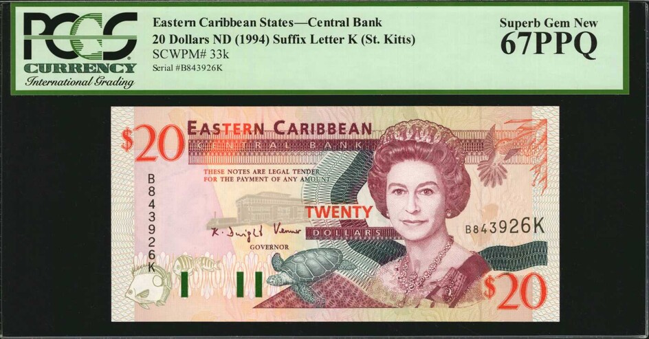EAST CARIBBEAN STATES. Eastern Caribbean Central Bank. 20 Dollars, ND (1994). P-33k. PCGS Currency Superb Gem New 67 PPQ.