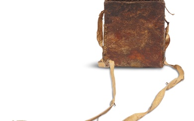 ETHIOPIAN ILLUMINATED COPTIC BIBLE WITH ORIGINAL LEATHER CARRYING CASE, 19TH CENTURY OR EARLIER Book: 4 x 5 1/2 in.
