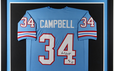 Earl Campbell Signed 35.5x43.5 Custom Framed Jersey Display Inscribed "HOF 91" (JSA)