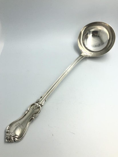 Early Victorian silver Albert pattern soup ladle, crested by...