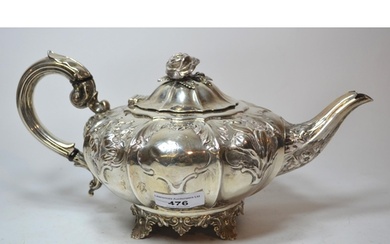 Early Victorian silver teapot of lobed squat baluster form w...