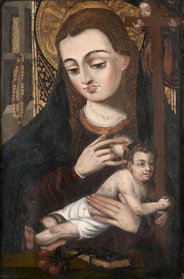 Ecole espagnole de la seconde partie du XVIe siècle La Vierge à l'Enfant allaitant Huile et or sur panneau entoilé