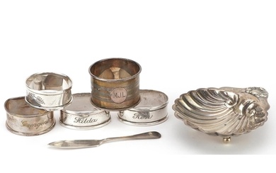 Edwardian and later silver objects comprising five napkin ri...