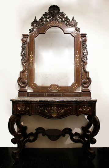 Elizabethan console with mirror in rosewood with Boulle marquetry in brass, mother-of-pearl and tortoiseshell, circa 1850.