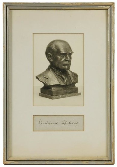 FRAMED RUDYARD KIPLING PHOTO WITH CLIPPED AUTOGRAPH &