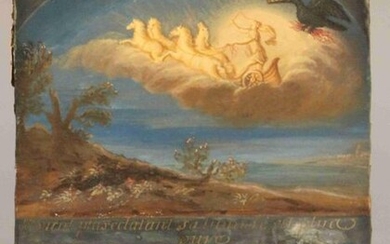 FRENCH SCHOOL of the 18th century. Appolon's chariot in the clouds, with a calligraphic poem, probably to the glory of Louis XIV. Oil on parchment (Accidents) 18 x 14 cm