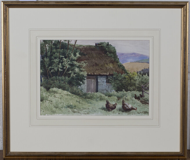 Follower of John Gutteridge Sykes - Chickens outside a Thatched Cottage, watercolour, 17cm x 24.5cm