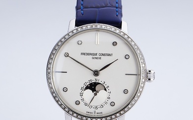 Frederique Constant 'Slimline Moonphase'. Large diamond-studded ladies' watch in steel with a silver dial, approx. 2020