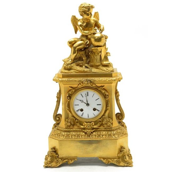 French Regence Gilt Bronze Figural Mantel Clock.