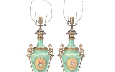 French Sevres Style Ormolu Mount Fond Vert Urns, 19th Century and Adapted