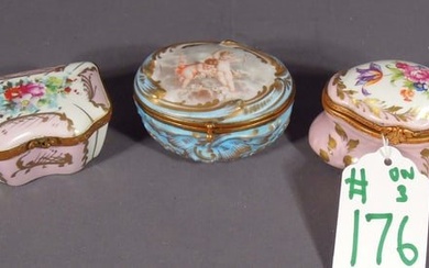 GROUP OF THREE FINE HAND PAINTED VINTAGE FRENCH PORCELAIN TRINKET BOXES