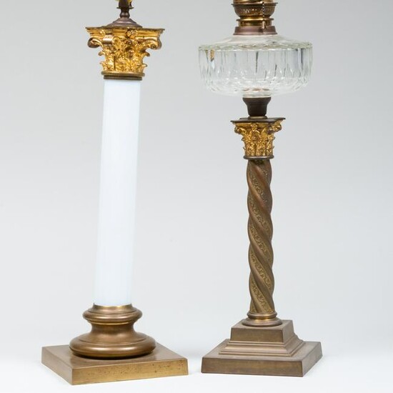 Gilt-Metal-Mounted Opaline Glass Columnar Lamp and a