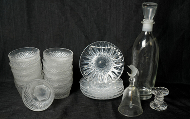 Glass Bowls, Plates, Decanter and Bell