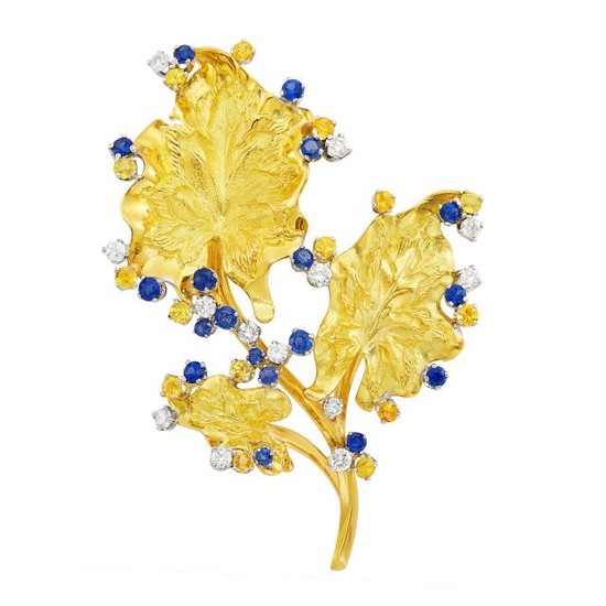 Gold, Sapphire, Yellow Sapphire and Diamond Leaf Brooch