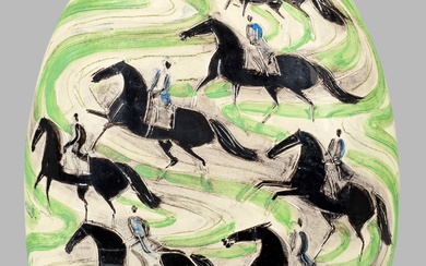 Grand vase en céramique d'André Brasilier avec des cavaliers dans un paysage. Céramique (terre cuite),...