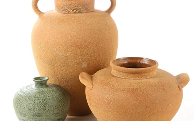 Haeger Terracotta-Glazed Vases with Green-Glazed Ceramic Vase