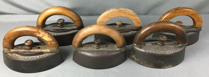 Group of 6 : Cast Iron Sad Irons w/wooden handles