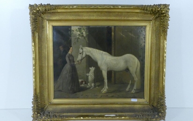 Huile sur toile signée Norbert Joseph Horgnies "Portrait de jeune fille au cheval blanc" (33...