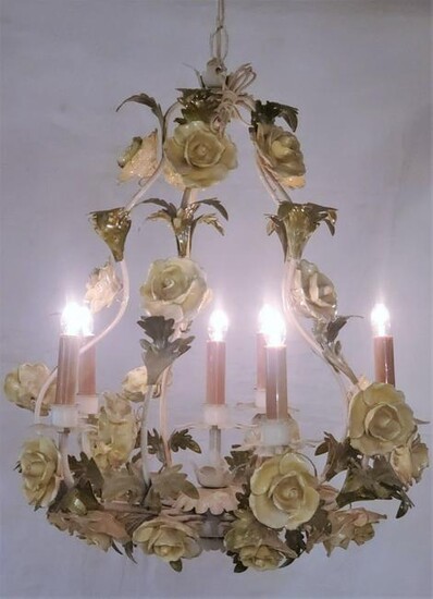 Italian Tole Rose Floral Chandelier 1940s 22in High