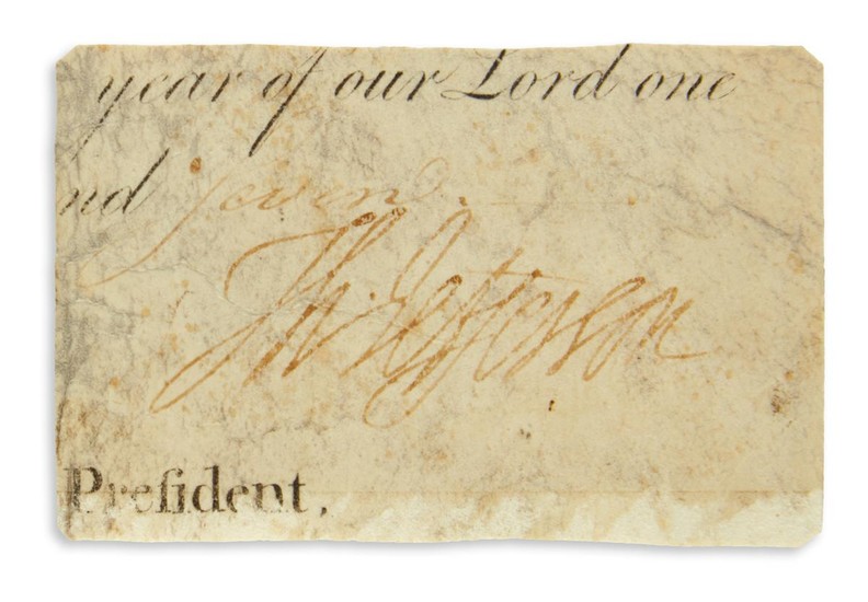 JEFFERSON, THOMAS. Clipped Signature, "Th:Jefferson," as President, removed from a partly-printed vellum document...