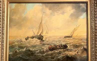 J.ESCUREL (XIXème) Voiliers en mer et canot dérivant. Huile sur panneau.Signé en bas à gauche....