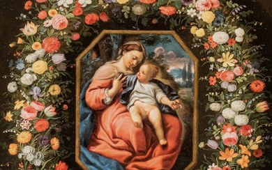 Jan Brueghel the Younger (1601-1678), Madonna with the child Jesus surrounded by a garland of...