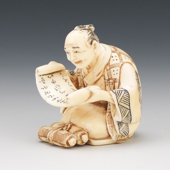 Japanese Carved Sperm Whale Netsuke, Reader of Scrolls, by Tomomasa, ca. Late Edo/Meiji Period