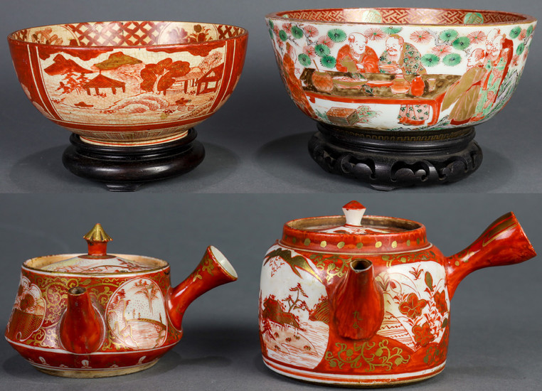 Japanese Kutani ware, Bowls, Kyusu Teapots, 19c