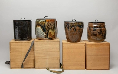 Japanese Taisho Stoneware Carved Vases