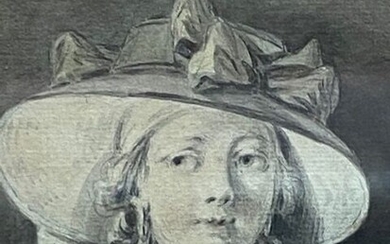 Jean-Baptiste HUET (1745-1811) : Tête de femme au chapeau Dessin signé et daté en haut...