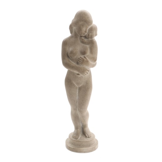 Jens Jacob Bregnø: Mother and child. Signed monogram. An artificial stone figure. Indistinctly stamped. H. 55 cm.