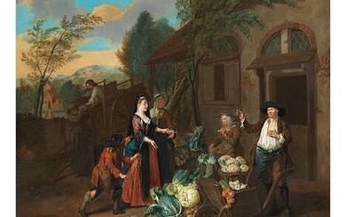 Joseph van Aken, 1699 Antwerpen – 1749 London, zug., EINE VORNEHME DAME MIT IHRER MAGD BEIM GEMÜSEHÄNDLER